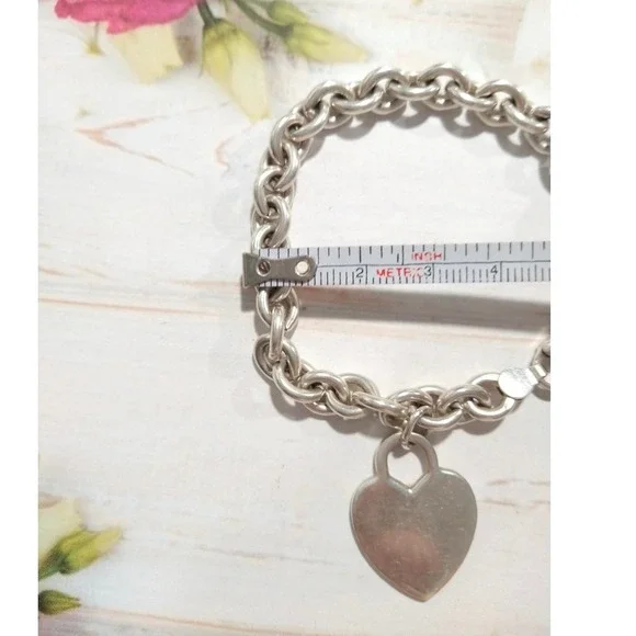 Designer 925 sterling silver cable chain bracelet large Heart charm 7''L signed - Picture 8 of 13